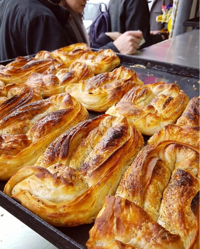 Tray of burekas fresh from the market